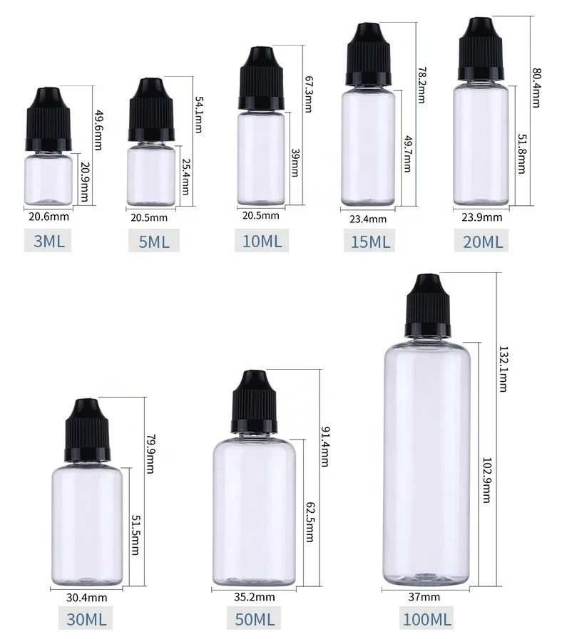 wholesales 3ml  5ml 10ml 15ml 20ml 30ml 50ml 100ml clear plastic bottle with childproof cap for liquid oil/pigment