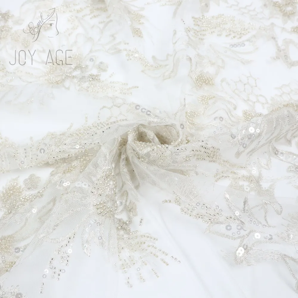 Office White 3d Flowers Tulle Heavy Sequined And Pearl Beaded Embroidery Border Laces Fabrics For Bridal Gown Clothing