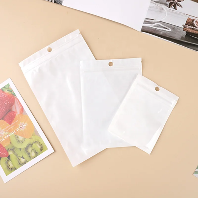 White Transparent Pearl Resealable Zip Lock Flat Mylar Plastic Packaging Zipper Bag With Hang Hole