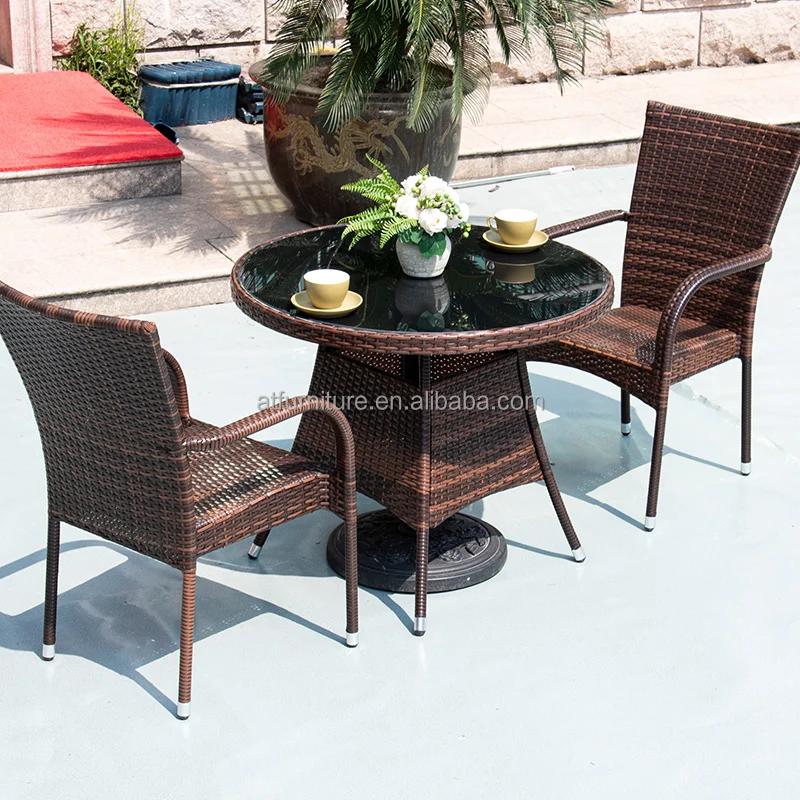 Backrest Design Rattan Table Chairs Outdoor Patio Wicker Glass Tables and Rattan Station Stacking Chairs Set
