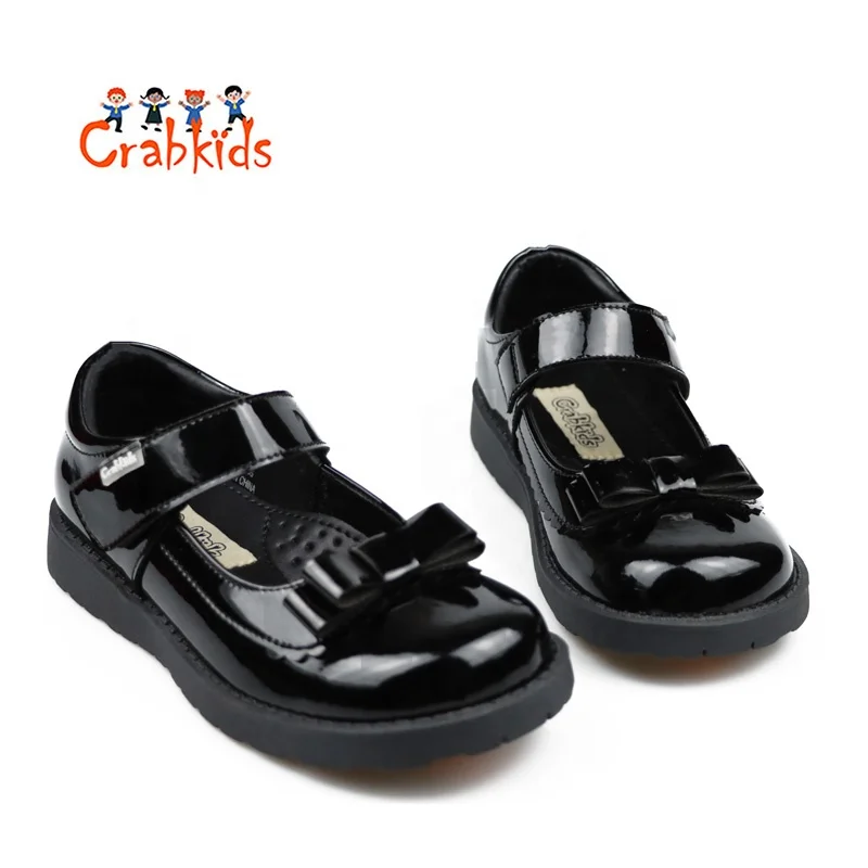 Crabkids Factory Wholesale Black Shying Leather School Shoes for Girls
