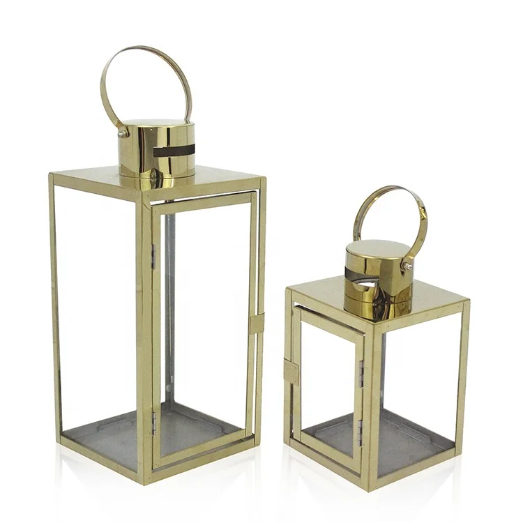 Gold Set Of 2 Modern Clear Glass Hanging Antique Floor Decorative Metal Stainless Steel Candle Lanterns