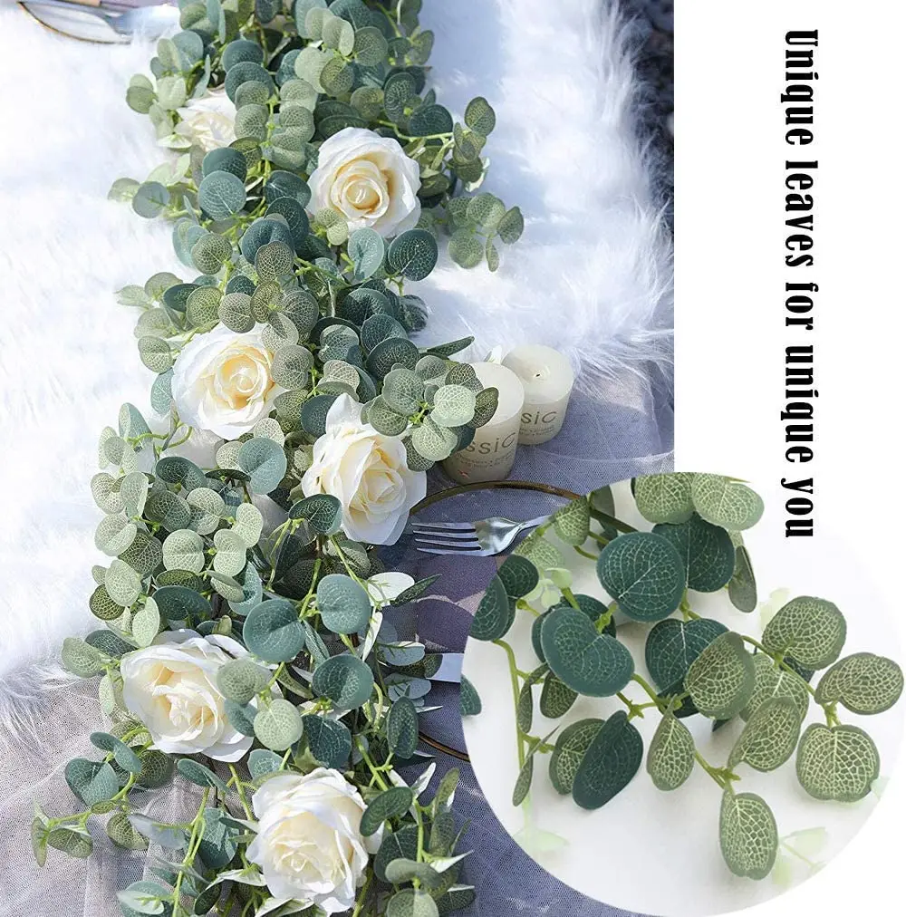 Artificial Eucalyptus Garland with White Roses - Flower Garland - Great for Wedding Backdrop Wall Kitchen Wedding Dinner Decor