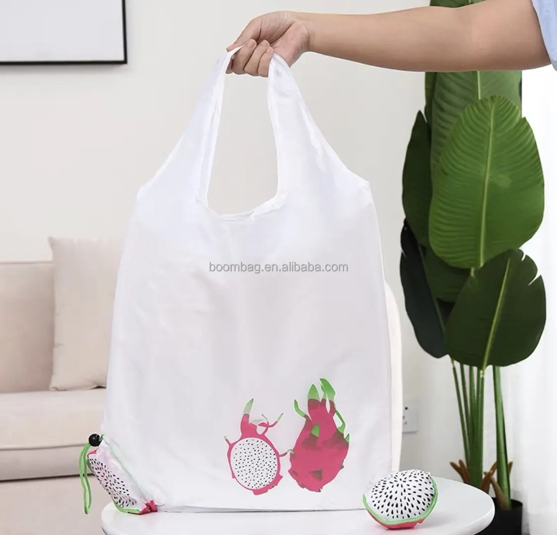 Custom Logo Eco-friendly Portable Compact Pitaya Dragon Fruit Shape Polyester Folding Reusable Shopping Bag