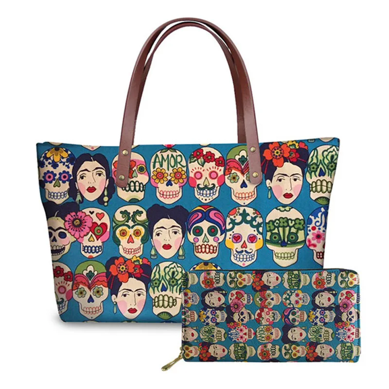 Fashion Beautiful Gothic Sugar Skull Printed Shoulder Bag Women Luxury Handbags and Purses Set Women Bags