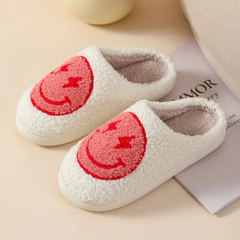 Custom Cartoon Logo Design Fluffy Comfy Adult Flat Bedroom Home Thermal Plush Slippers For Man Woman
