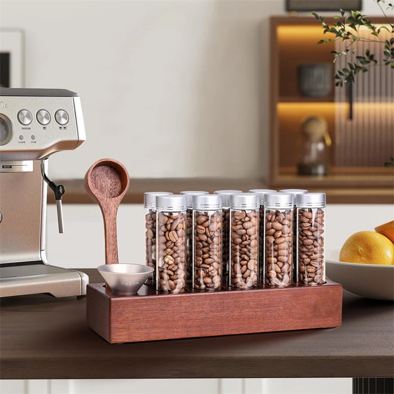Coffee Bean Storage Wooden Display Stand with Funnel Coffee Spoon for Coffee Bean Glass Tube Display Rack Set