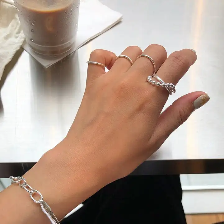 SHANWU 925 Sterling Silver Korea Amazement Beaded Adjustable Rotating Rings Anxiety Spinner Spin Real Rings For Ladies