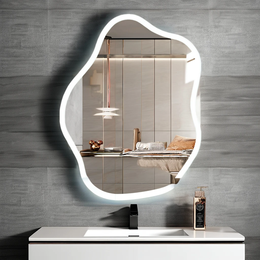 Custom Hot Selling Touch Led Light Smart Bathroom Mirror Irregular Backlit Wall Mirror  Bathroom Makeup Mirror for Hotel
