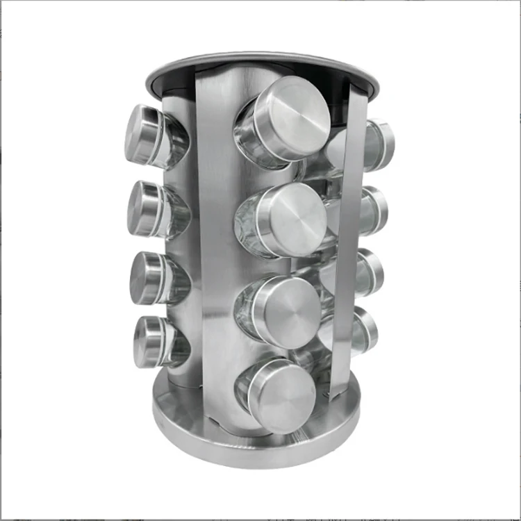 Popular stainless steel set 16 seasoning bottles rack with rotating rack spice rack rotatable Glass Jars