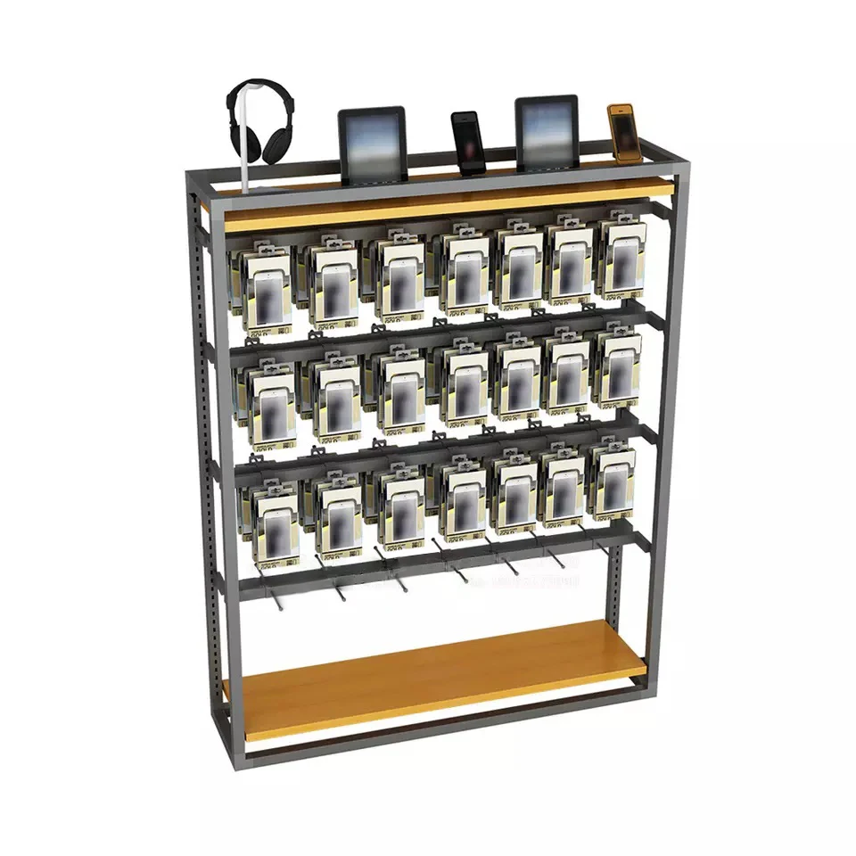 Fashion Customized Adjustable Phone Component Electronics Accessories Display Stand Mobile Phone Wall Display Shelf With Storage