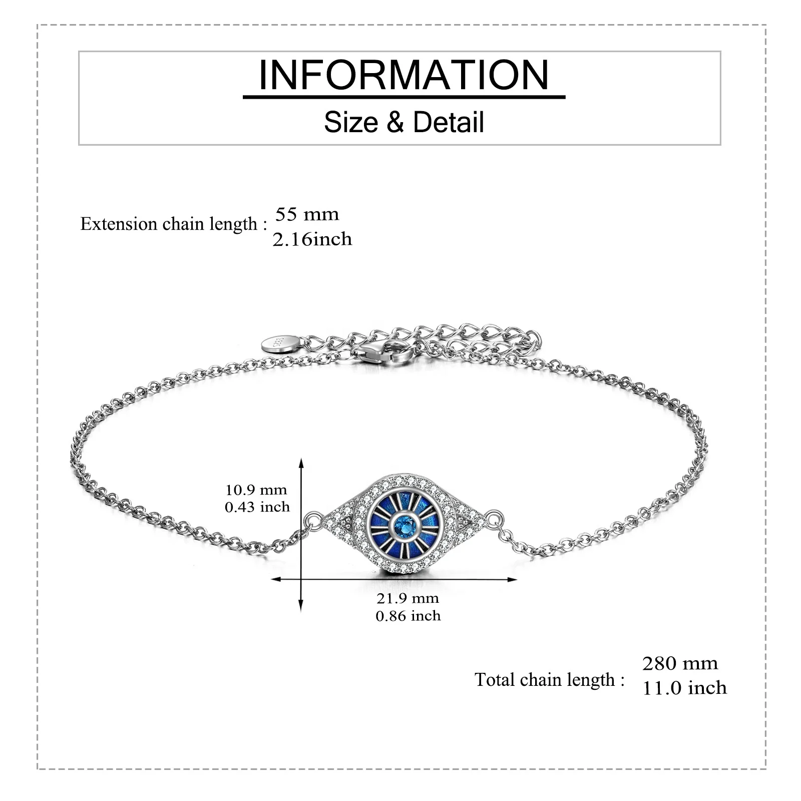 Wholesale OEM/ODM Jewelry 9+2inches 925 Sterling Silver Eye Foot Blue Cable Chain Talisman Anklets