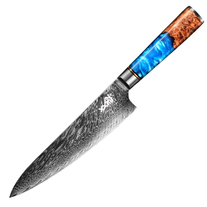 7 PCS Damascus Kitchen Knives Set 67 Layers Shadow Wood with Blue Resin Chef Knife SS316 SS410 100Cr15CoMov  HRC 60+-/2