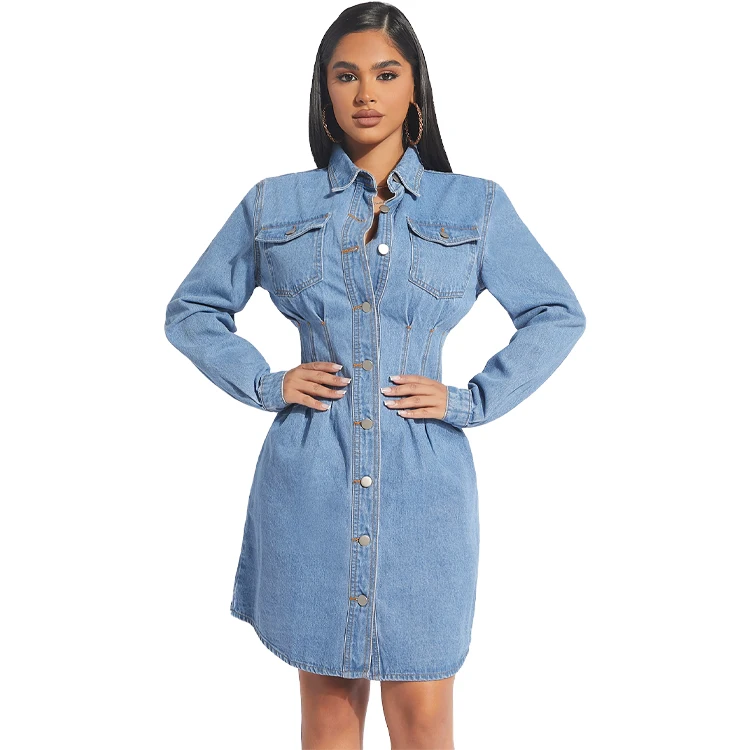 Custom organic denim dress women long sleeved casual denim corset shirt dress