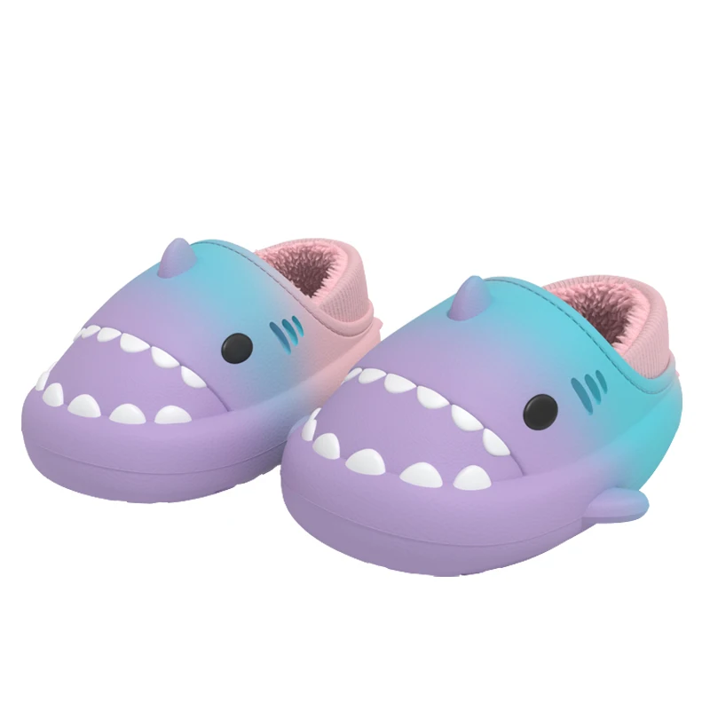 Gradient Color Waterproof EVA Cozy Fluffy Plush Shark Winter Slide Slippers Cute Indoor Outdoor For Kids House Autumn Winter
