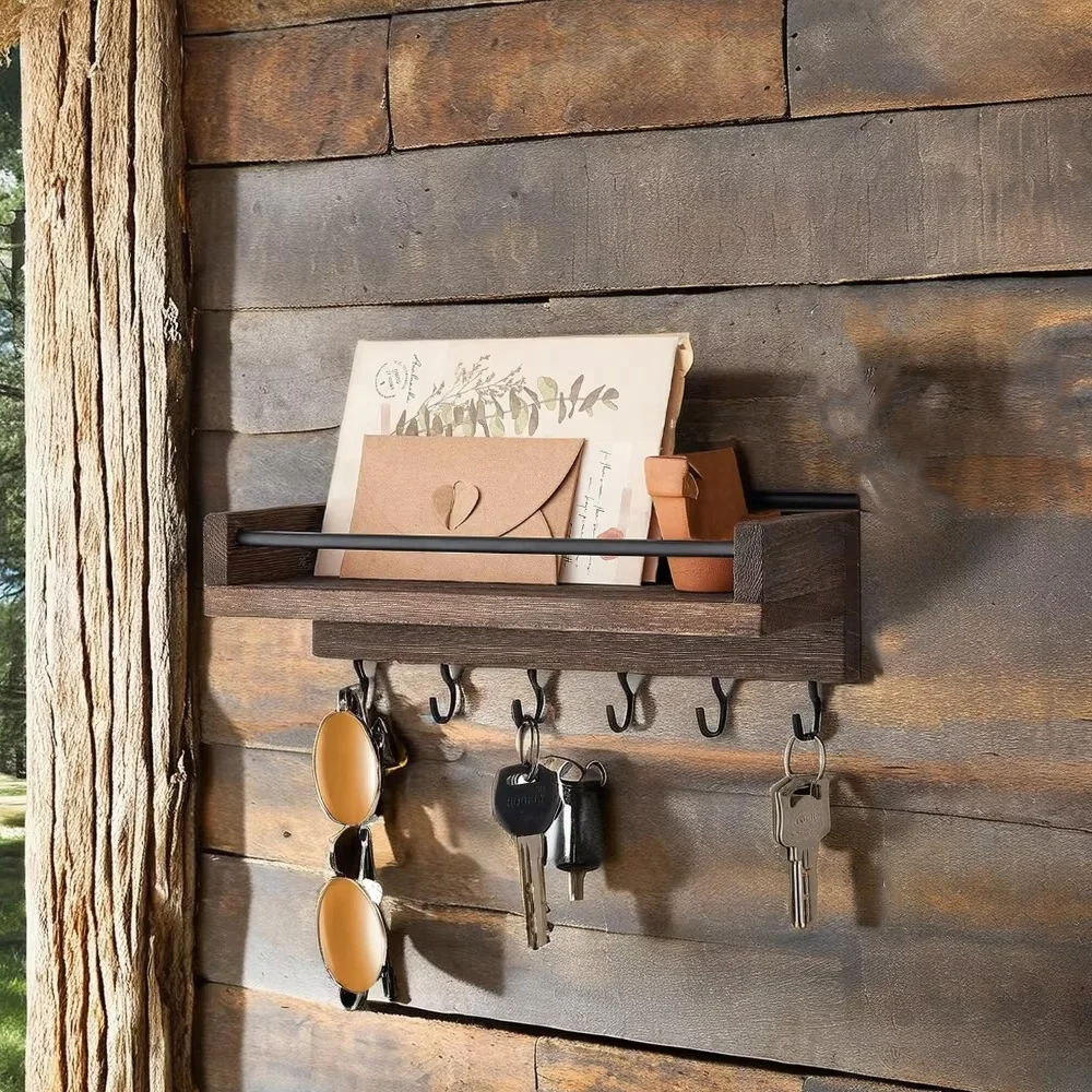 Rustic brown wood key rack with 6 hooks decorative display keys hanger organizer for entryway wood key holder for wall