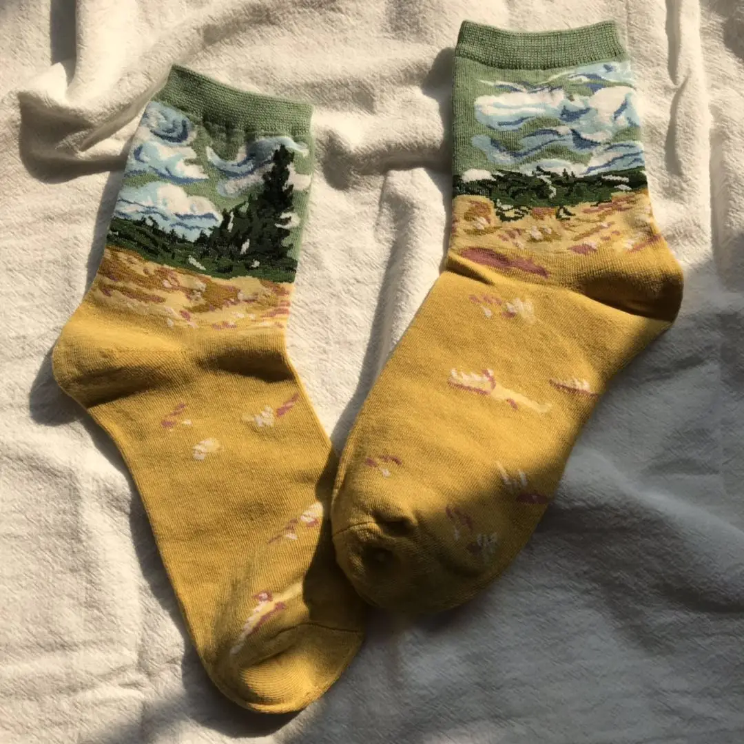 2020 New Art High Quality Stock Ready To Ship Oil Painting Starry Sky Colorful 100% Cotton Men Women Unisex Socks