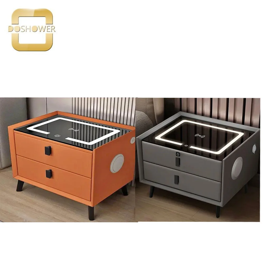 Bedroom Smart Bedside Table with 3 Drawers USB Three-Color Light  of Wireless Fingerprint Lock