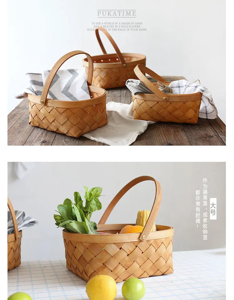 
Country Primitive Garden Home Fashion House Handmade Rattan Storage Wooden Woven Container Storage Handle Basket 
