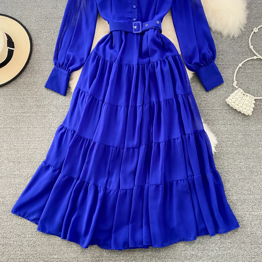 Dress Women Vintage Style Long Sleeve Round Neck Fashion A-line Ruffle Dress Elegant Large Swing Long Casual Dress