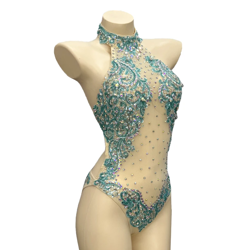 Bodysuit Costume Nude Mesh Nightclub Outfit Singer Clothes Shining Crystals Transparent See Through Leotard Dance Performance
