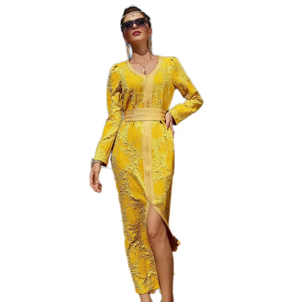 Muslim Ladies Evening Party Wear V Neck 3D Floral Print Yellow Color Elegant Dress Middle East Dubai Muslim Woman Abaya