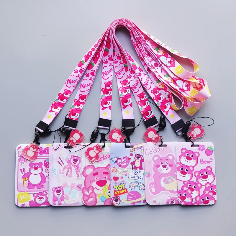 Phone Neck Satin Lanyards Campus Plastic ID Name Badge Lovely Cartoon Strawberry Bear Card Holder Student Anti-Lost Card Case