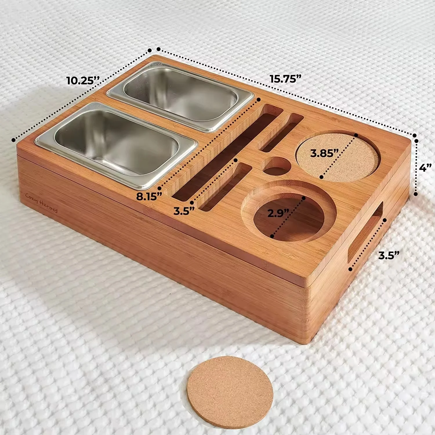 Wholesale Drink Snack Holder Simple Wood Sofa Bed Snack Storage Tray Box With Slots For Beer