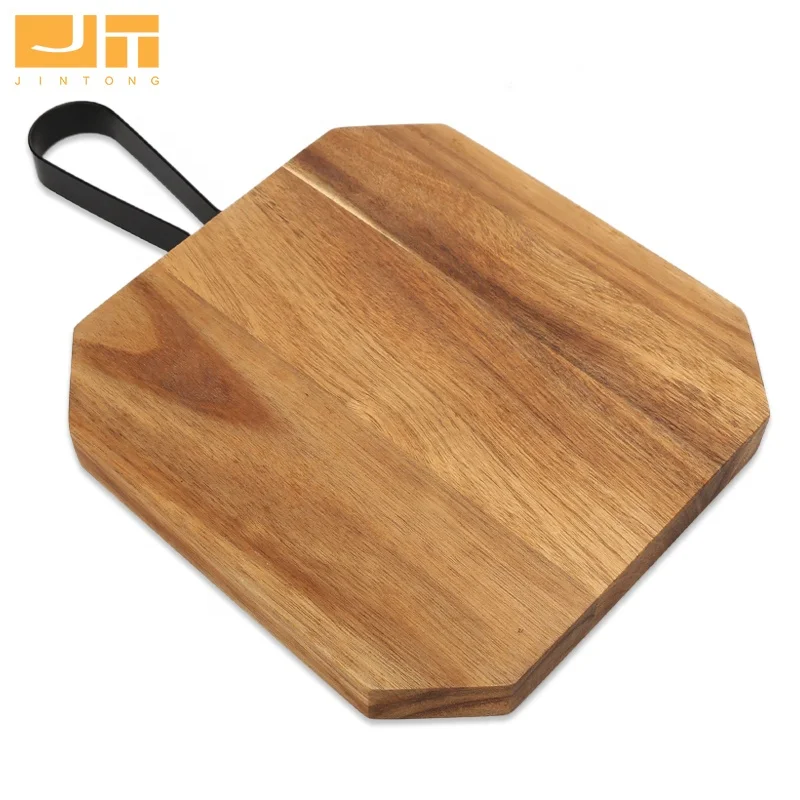 Irregular Original Acacia Wooden Cutting Board With Black Color Metal Handle