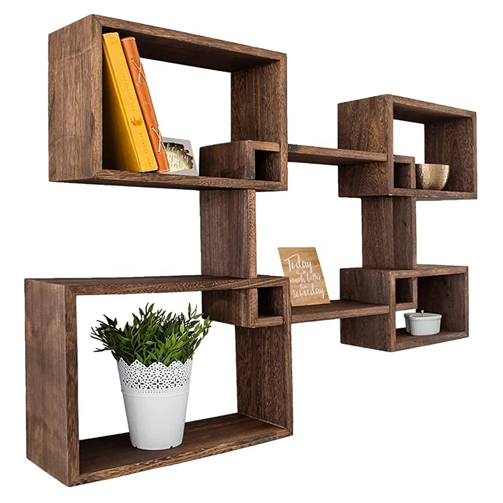 Rustic Torched Brown 5 Cube Wood Square Wall Mounted Cube Floating Storage Shelves for Bathroom Living RooM Wall Decor For Home
