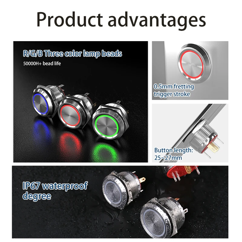 30mm push button rgb metal industrial 12vdc ip67 ring led green illuminated switch
