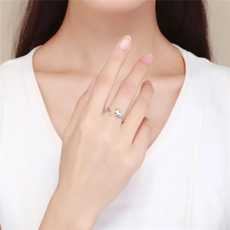 925 Sterling Silver Jewelry Animal Naughty Cat Open Ring For Women