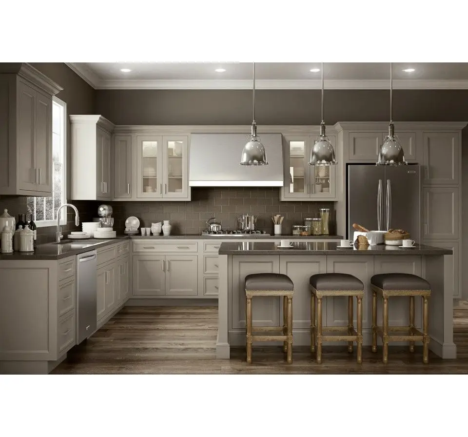 OEM Dark Gray Luxury Quartz Countertop Solid Wood Glass Door kitchen furniture organizers Cabinets