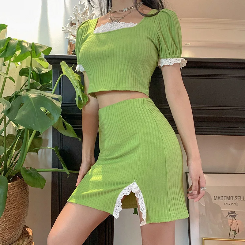 NADANBAO Summer New Hot Sale Solid Color Cropped Top Slit Skirt Suit Lady Elegant Sexy Skirt