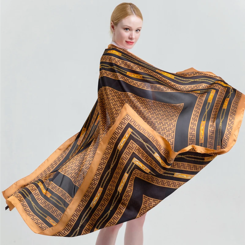 Wholesale Custom Satin  pocket printed big square 130cm quality pocket hijab silk square tudung ladies  Shawl scarf