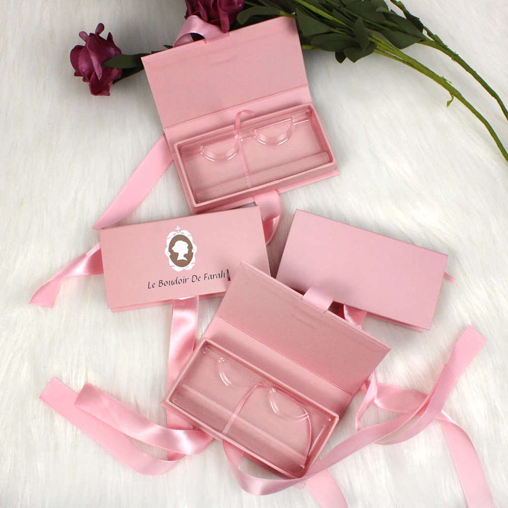 B627 false eyelashes packaging custom logo empty light pink eyelashes packaging box with ribbon wholesale