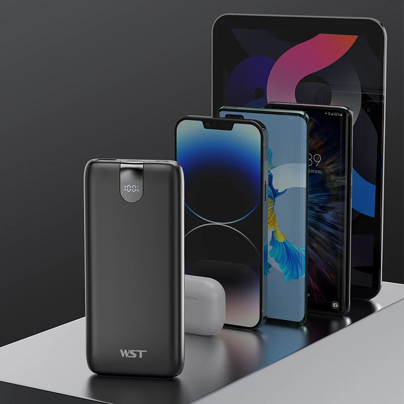 Hot Sale 10000mAh Travel Power Bank Slim Battery Pack LED Display Portable Mobile Phone Charger Built in with Cables