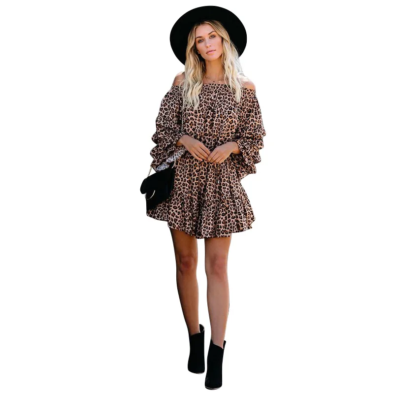 Hot selling European and American new product leopard print one shoulder pile sleeve summer large hem dress