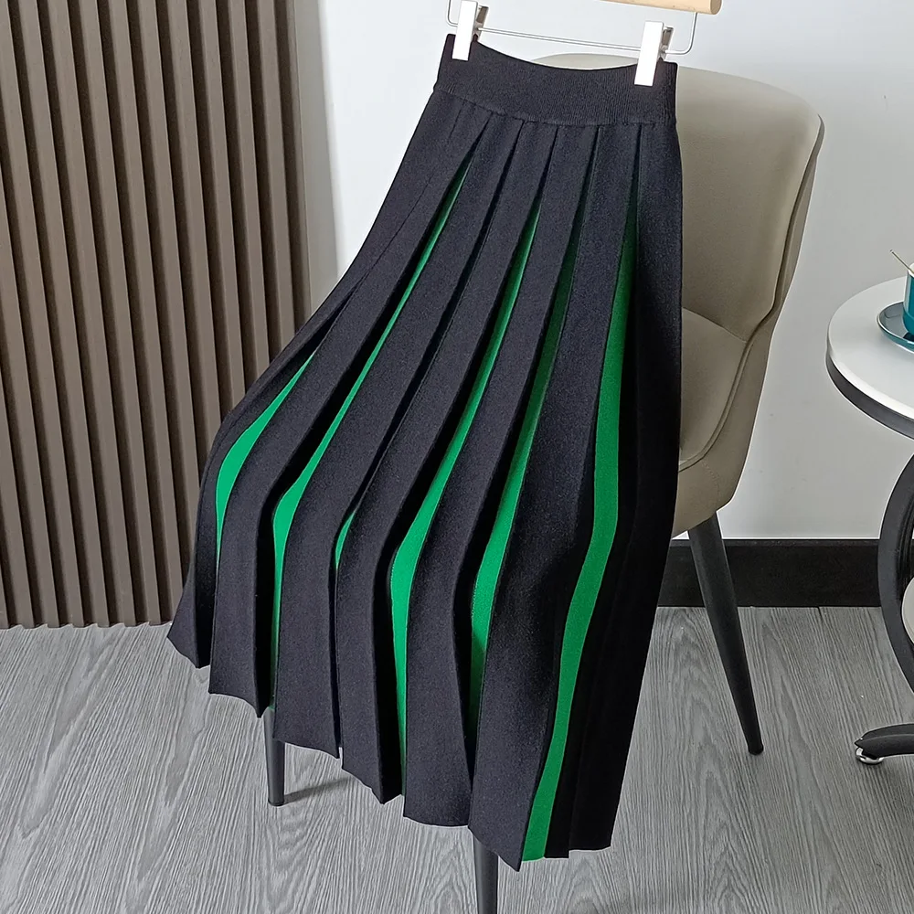 Autumn and winter knitted A-line skirt Womens Skirts Ladies Color blocking Mid length pleated skirt