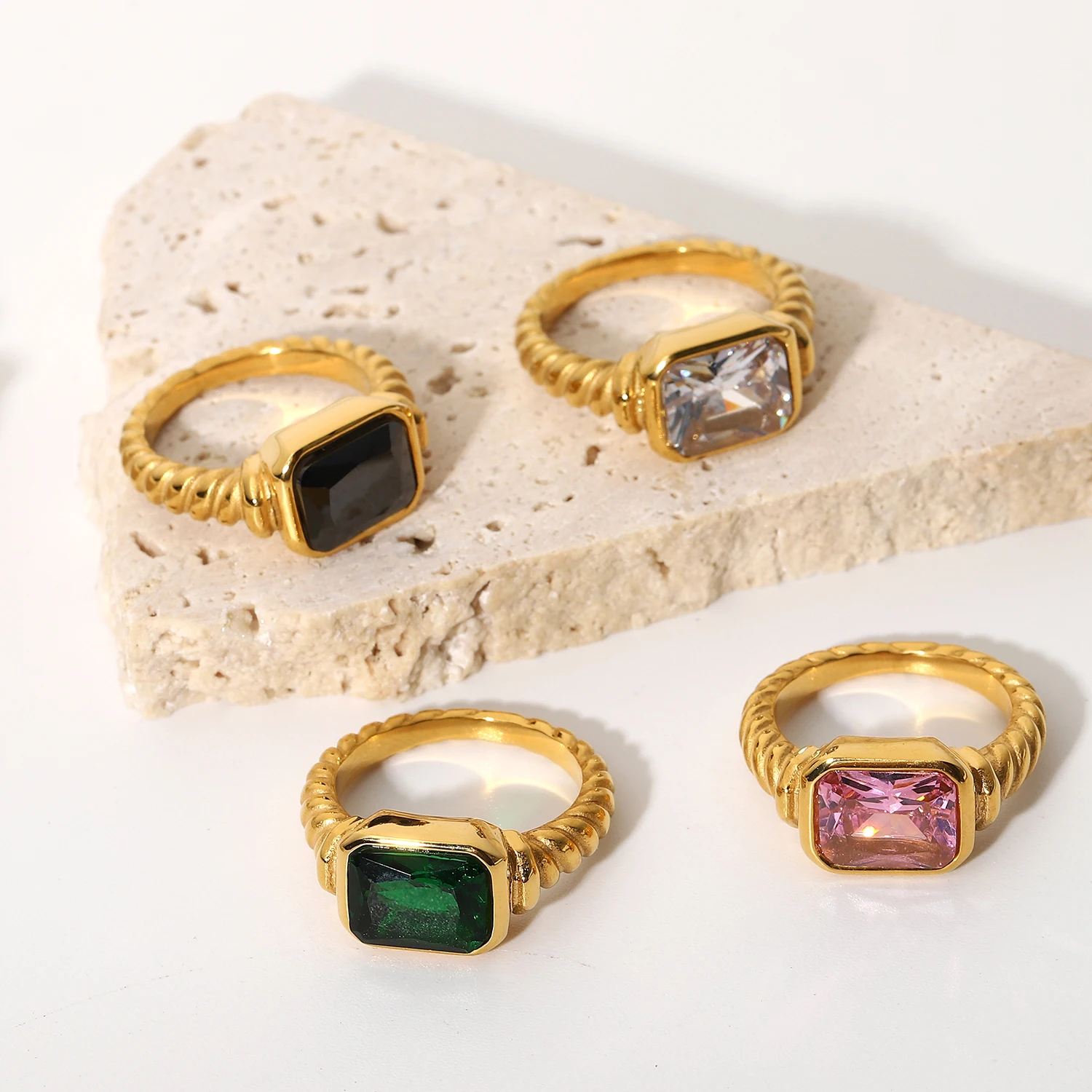Summer Stainless Steel Rectangle Emerald Pink Zircon Rings For Women Girls Croissant Twisted Spiral Rings Jewelry