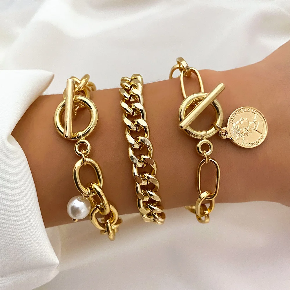 Personalized Thick Chain Bracelet Gold Shiny Chain Bracelet Set Jewelry Trendy Women Girls