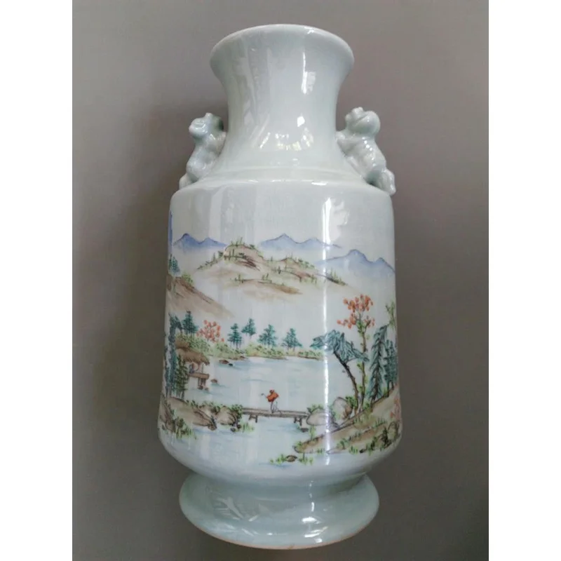China Traditional Characteristic Hand-Painted Light Crimson Antique Landscape Cracked Glazed Double-Eared Admiral Ceramics Vase