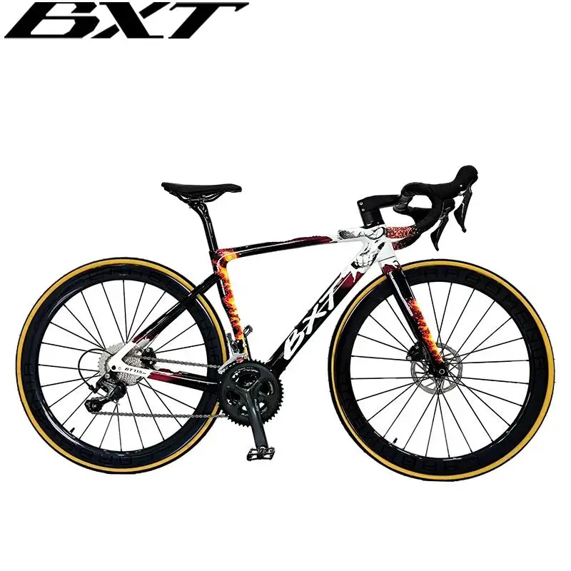 BXT Wildfire Color Road Bike Full Carbon Fiber Super Light Carbon Wheels Hidden Cable Thru Axle Sport Flat Mounted Road Bicycle