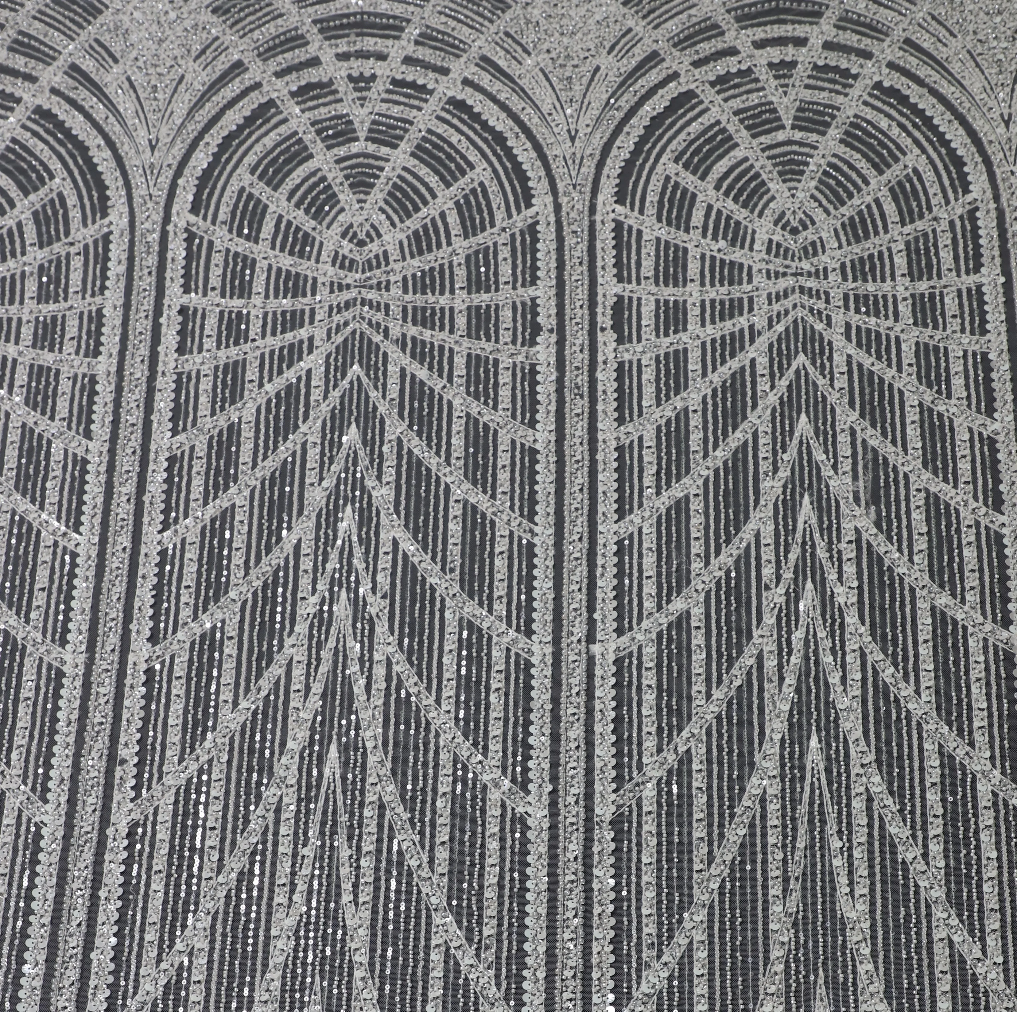 ZX318 Geometric line style White Beaded Lace Fabric Crystal Sequins Embroidery lace fabric