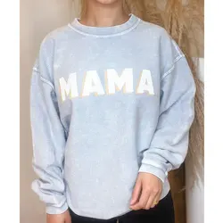 Custom Embroidery Women Mama Corduroy Cord Crew Neck Crewneck Casual Pullover Sweatshirt