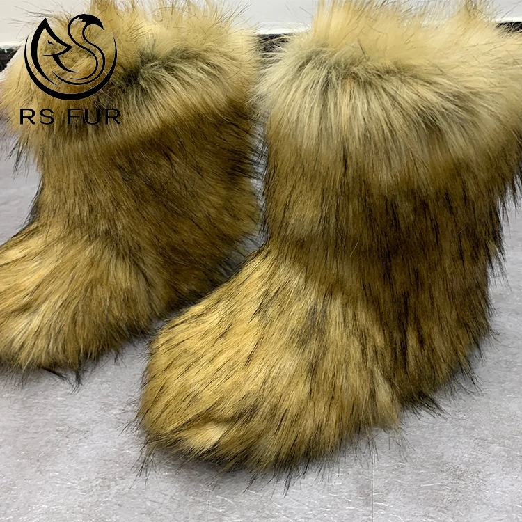 Fashion Anti Slip Child Girls Women Luxury Red Fur Winter Boots Covered with Faux Fox Raccoon Fur