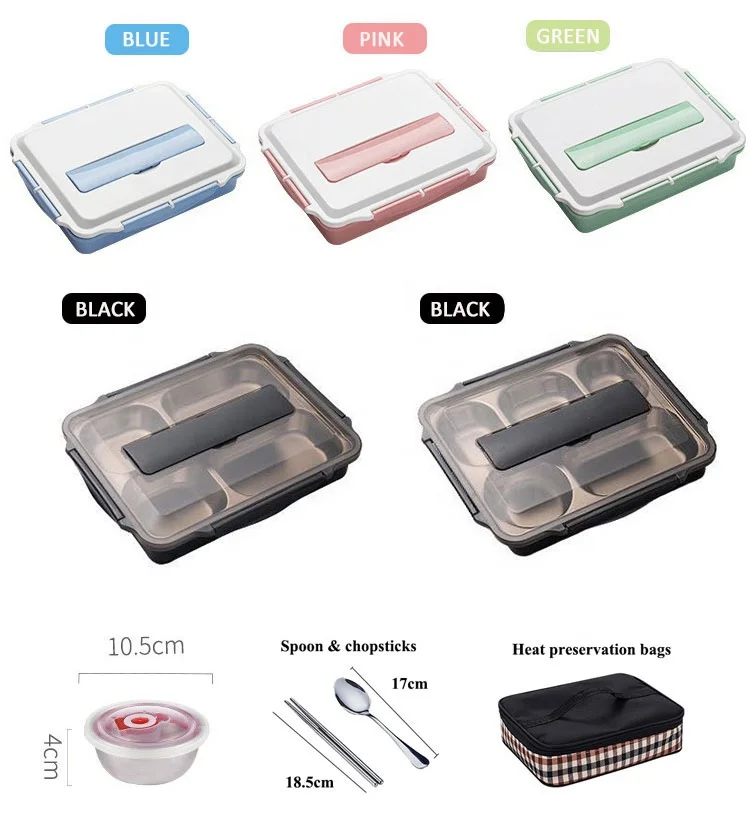 Eco-Friendly Stainless Steel 304 2 Layer Warmer Square 5 compartment with Fork And Spoon  Lunch  Bento Box