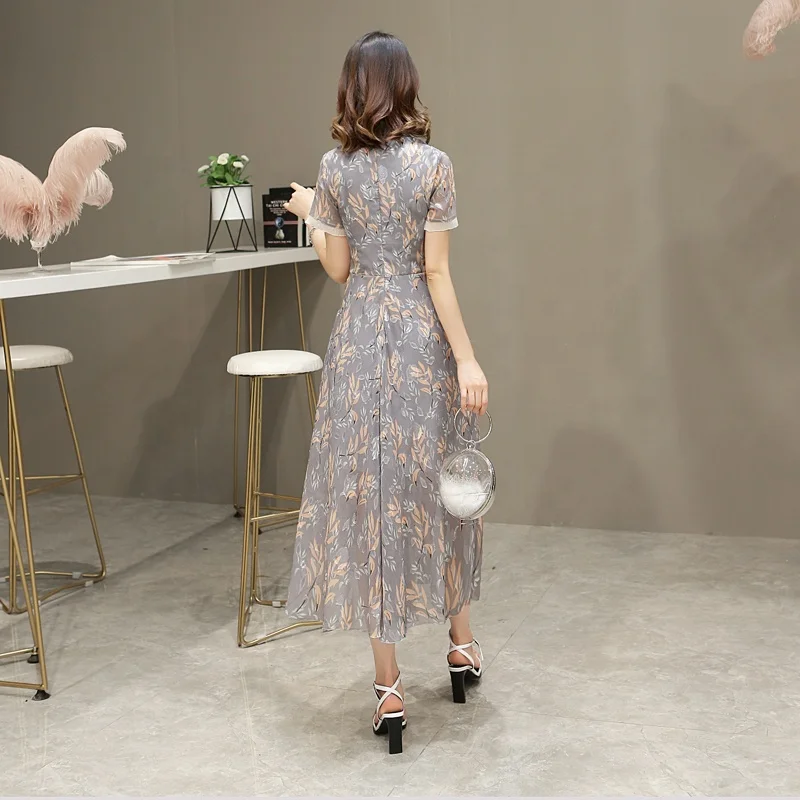 
Chinese morden fashion Cheongsam, Floral long Qipao, Short sleeve chiffon Dress For Women 