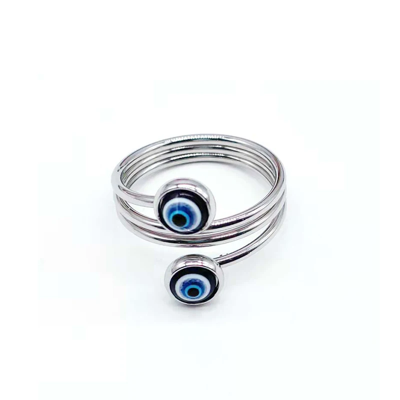 Stainless Steel Evil Eye Ring Silver Crystal Turkish Blue Eyes Adjustable Open Rings For Women Men