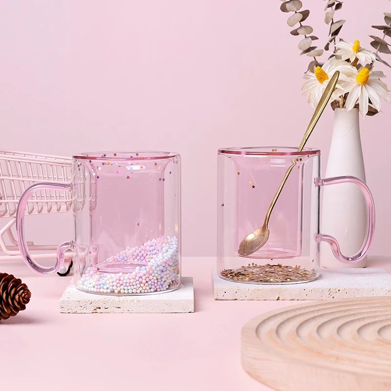 180ml Japan and South Korea romance style quicksand double hot water glass cup heat-resistant with handle for drinking